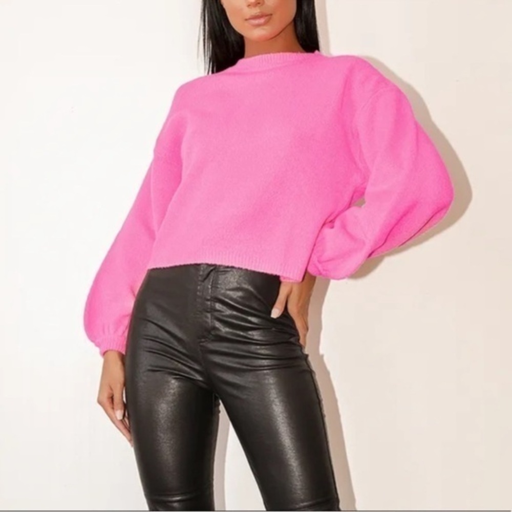 En Crème Pink Balloon Sleeve Cardigan Sweater Large